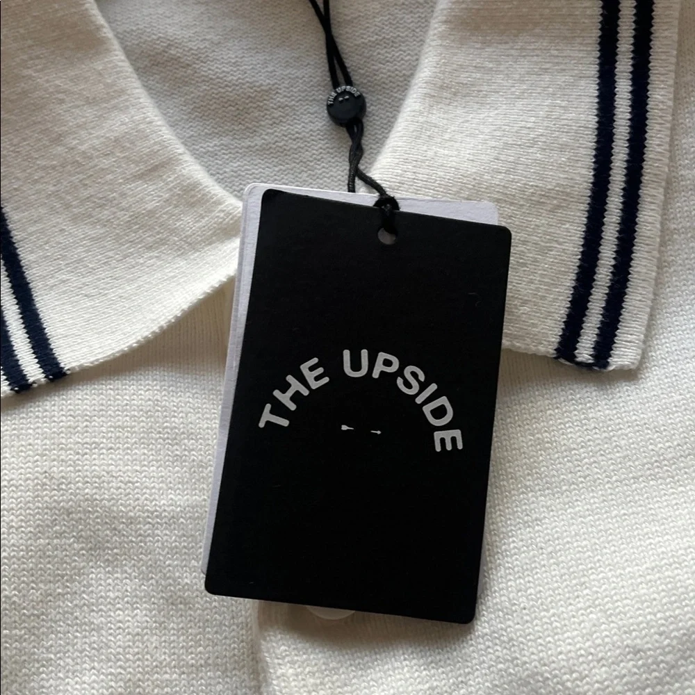 The Upside Wonder Knit Stripe Eyelet Dot Long Sleeve Button Front Knit Polo